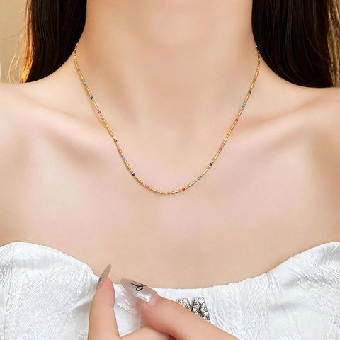 Bohemian Colorful Glazed Bead Necklace Stainless Steel Gold Plated Tube Chain Clavicle Jewelry For Women