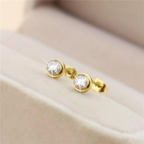 Boucles D'oreilles Puces Rondes En Zirconium Plaqué Or Acier Inoxydable Sertissage Clos Bijoux Simples Femmes