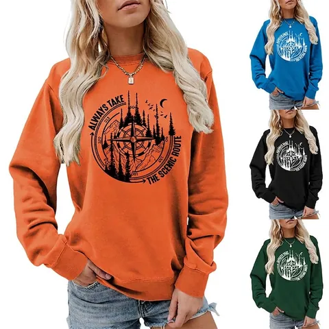 Sweatshirt Femme Mélange Coton Col Rond Manches Longues Imprimé Montagne Boussole Rétro Décontracté Pull Ample Haut