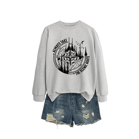 Sweatshirt Femme Mélange Coton Col Rond Manches Longues Imprimé Montagne Boussole Rétro Décontracté Pull Ample Haut