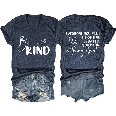 Women V Neck Short Sleeve T Shirt Cotton Polyester Inspirational Letter Print Graphic Casual Summer Tops