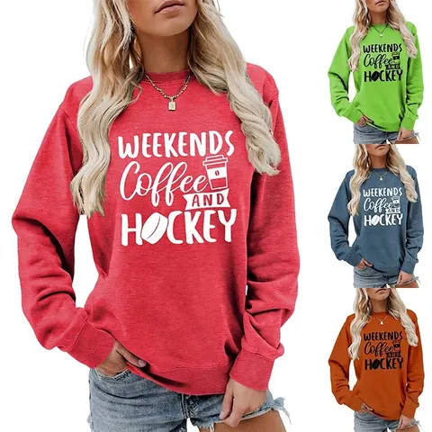 Felpa Donna Girocollo Misto Cotone Manica Lunga Weekends Coffee And Hockey Stampa Vestibilità Ampia Pullover Top