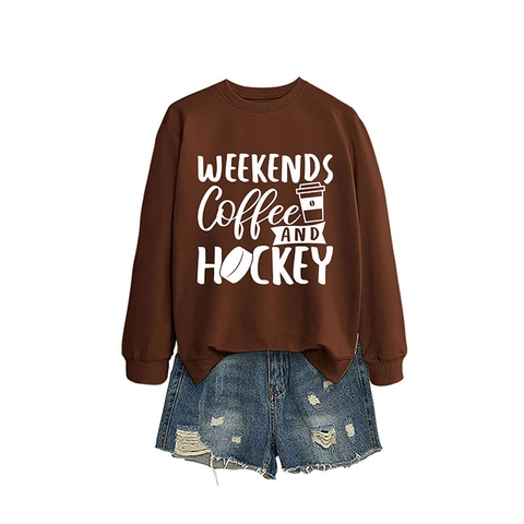 Felpa Donna Girocollo Misto Cotone Manica Lunga Weekends Coffee And Hockey Stampa Vestibilità Ampia Pullover Top