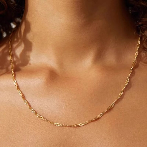 Water Wave Chain Necklace 18K Gold Plated Stainless Steel Minimalist Shiny Plain Jewelry For Women