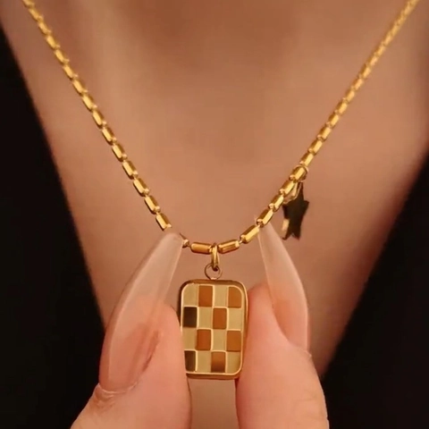 Checkerboard Rectangle Pendant Necklace Titanium Steel Gold Plated Small Star Charm Retro Minimalist Jewelry For Women