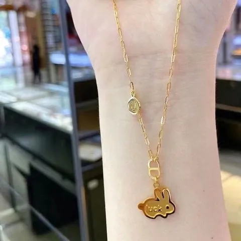 Women Gold Plated Stainless Steel Rabbit Pendant Necklace With Luck Engraving Minimalist Animal Fashion Necklaces Jewelry