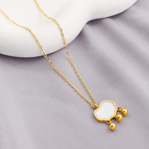 Chinese Style Ruyi Longevity Lock Pendant Necklace Stainless Steel White Mother Of Artificial Pearl Elegant Jewelry For Women