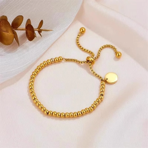 Minimalist Stainless Steel Bracelet With Adjustable Bead Chain And Round Disc Charm Fashion Jewelry For Women