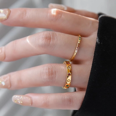 Regenbogen Zirkon Stern Ring 18K Vergoldet Edelstahl Minimalistisch Stapelbar Schmuck Für Frauen