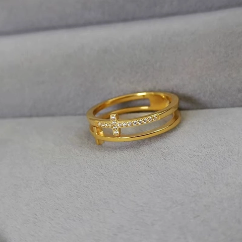 Fashion Hollow Double Layer Cross Ring For Women Titanium Steel Zirconia Inlaid Gold Silver Color Non-Fading Finger Jewelry