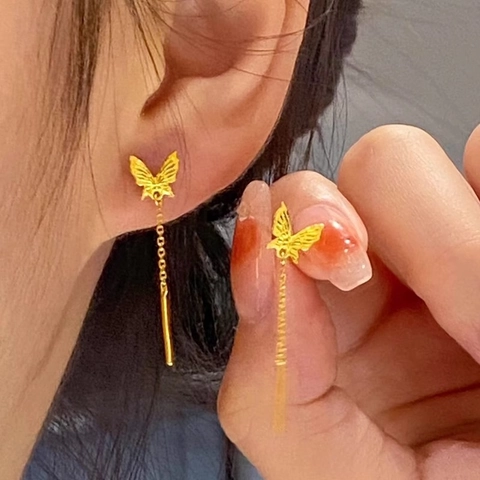 Pendientes De Hilo De Mariposa Con Borla De Acero De Titanio Chapado En Oro Cadena Larga Colgante Para Mujer Lujo