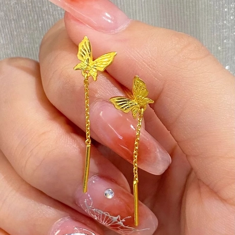 Pendientes De Hilo De Mariposa Con Borla De Acero De Titanio Chapado En Oro Cadena Larga Colgante Para Mujer Lujo