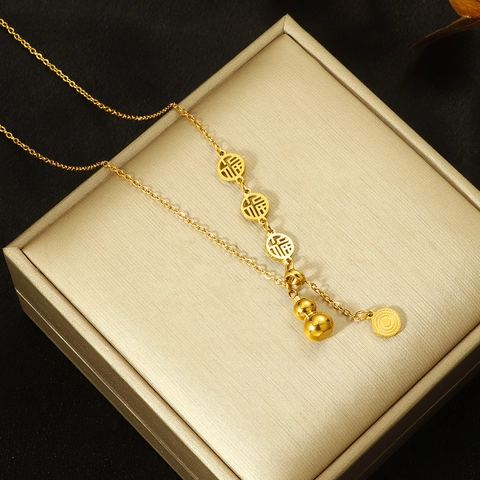 Halskette Mit Flaschenkürbis Anhänger Titahstahl Vergoldet Hohl Fu Charakter Chinesischer Traditioneller Stil Schmuck Für Damen