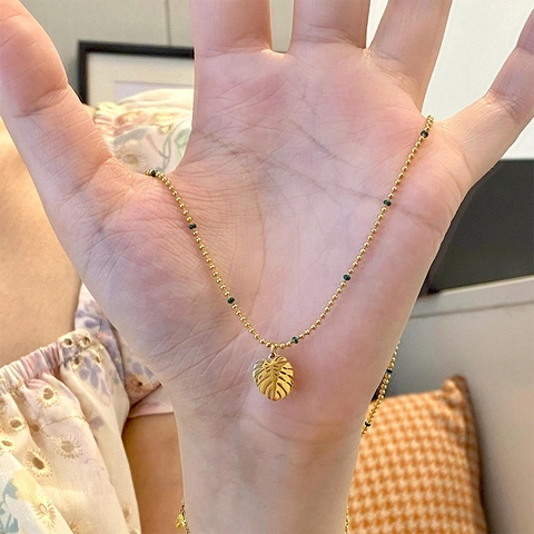 French Style Titanium Steel Monstera Leaf Pendant Necklace Gold Ball Chain Green Beads Tropical Plant Jewelry For Women Clavicle Chain