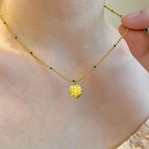 French Style Titanium Steel Monstera Leaf Pendant Necklace Gold Ball Chain Green Beads Tropical Plant Jewelry For Women Clavicle Chain