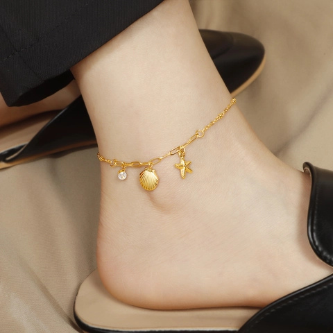 Gold Plated Stainless Steel Shell Starfish Zirconia Charm Anklet For Women Ocean Theme Beach Foot Jewelry Gift Adjustable