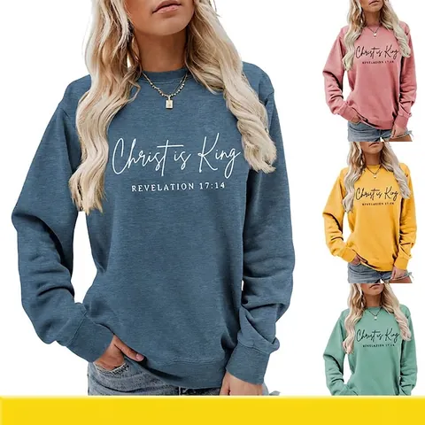 Felpa Donna Christ Is King Revelation 17:14 Versetto Biblico Stampa Manica Lunga Girocollo Cotone Casual Pullover