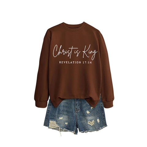 Felpa Donna Christ Is King Revelation 17:14 Versetto Biblico Stampa Manica Lunga Girocollo Cotone Casual Pullover