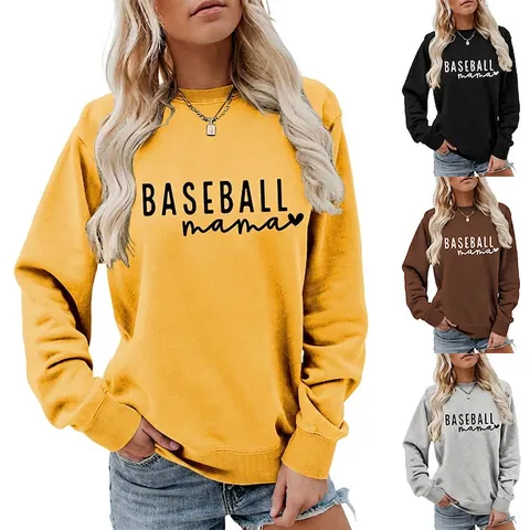 Femmes Baseball Mama Lettre Impression Pullover Sweatshirt Mélange Coton Col Rond Manches Longues Coupe Décontractée Haut Occidental