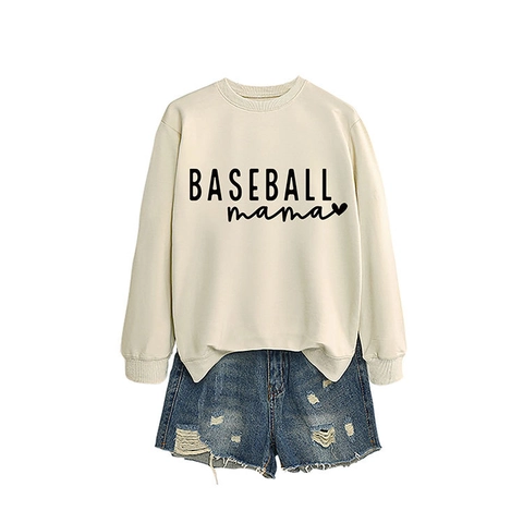 Femmes Baseball Mama Lettre Impression Pullover Sweatshirt Mélange Coton Col Rond Manches Longues Coupe Décontractée Haut Occidental