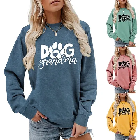 Damen Casual Dog Grandma Print Sweatshirt Rundhalsausschnitt Langarm Pullover Locker Geschnitten Rippbündchen Haustier Liebhaber Herbst Winter Top