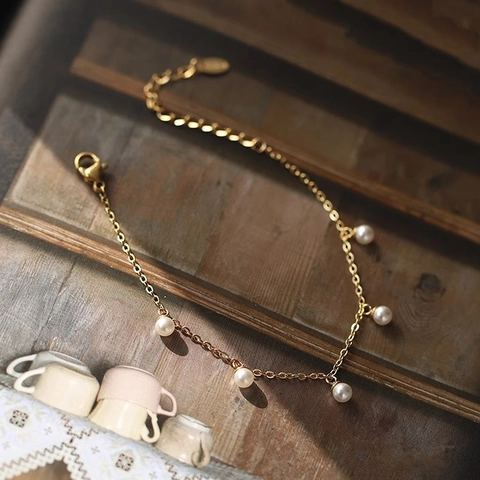 Pulsera De Perlas Artificiales Delicada Acero Inoxidable Chapado En Oro Pequeñas Perlas Artificiales Redondas Joyería Elegante Minimalista Para Mujer Ajustable