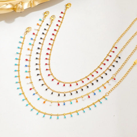 Bracelet De Cheville En Acier Titane Pour Femmes Luxe Plaqué Or Goutte Deau Émail Perles Bijoux De Pied Étanche