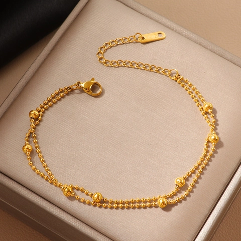 Bracciale a Doppio Strato con Perline Tonde per Donna in Acciaio al Titanio Placcato Oro 18K Stile INS Regolabile