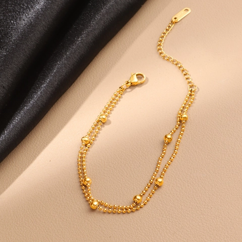 Bracciale a Doppio Strato con Perline Tonde per Donna in Acciaio al Titanio Placcato Oro 18K Stile INS Regolabile