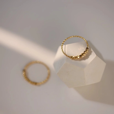 Minimalist Stainless Steel Ring For Women Geometric Square Cube Beads Textured Fine Band Gold Silver Plated Fashion Finger Jewelry
