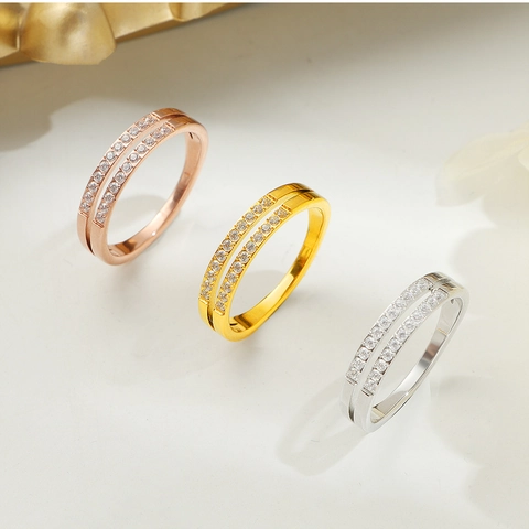Vintage Titanium Steel Ring For Women Double Row Zirconia Inlaid Gold Silver Rose Gold Minimalist Fashion Finger Ring Jewelry