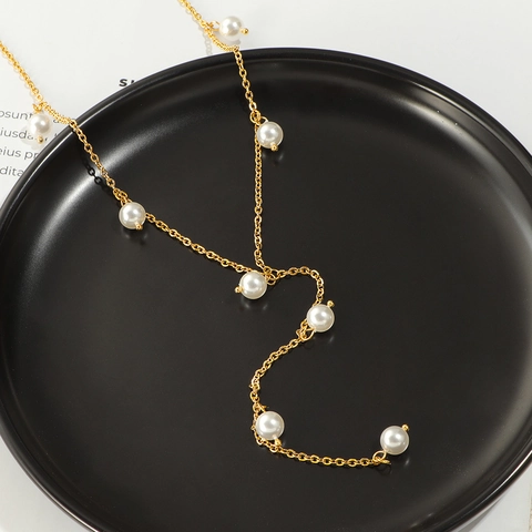 Elegante Y-Vormige Kwastjes Ketting Roestvrij Staal Verguld Met Imitatieparels Retro Sleutelbeen Ketting Voor Dames