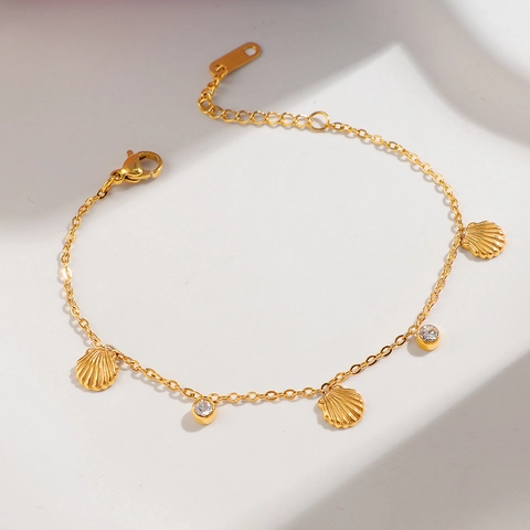 Bracelet À Charme Coquillage Acier Inoxydable Plaqué Or Zircone Style Océan Bijoux Réglables Pour Femmes Accessoire Plage