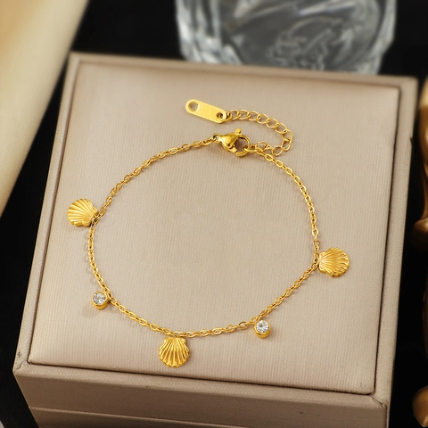 Bracelet À Charme Coquillage Acier Inoxydable Plaqué Or Zircone Style Océan Bijoux Réglables Pour Femmes Accessoire Plage