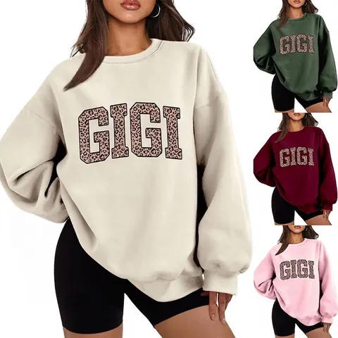 Sweatshirt Oversized Femme Mélange Coton Doublé Polaire Col Rond Manches Longues Motif Lettres Léopard Pullover Streetwear Décontracté