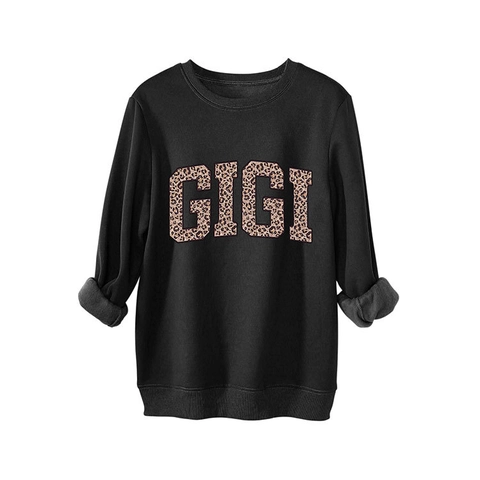 Sweatshirt Oversized Femme Mélange Coton Doublé Polaire Col Rond Manches Longues Motif Lettres Léopard Pullover Streetwear Décontracté