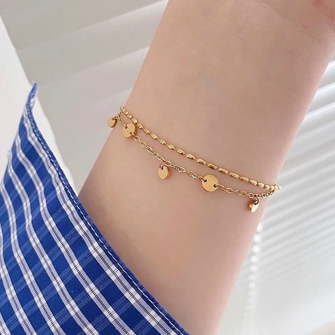 Dubbellaagse Ronde Schijf Enkelbandje Armband Titanium Staal Goud Pailletten Kralenketting Dames Minimalistische Sieraden