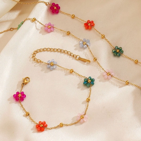 Collana Da Donna In Acciaio Inossidabile Placcato Oro 18K Con Fiori Di Cristallo Colorati Catena Regolabile Fatta A Mano