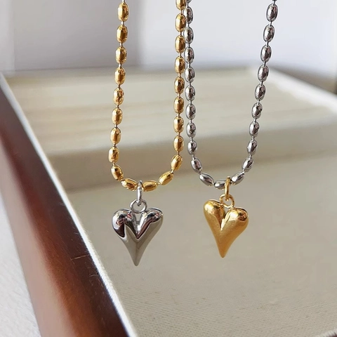 Heart Pendant Necklace Stainless Steel 18K Gold Plated Bicolor Bead Chain Polished Fashion Jewelry For Women