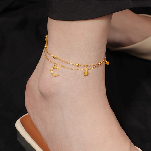 Mehrlagige Stern Mond Fußkette Titanstahl Strass Perlen Fußkette Trendiger Eleganter Schmuck Damen