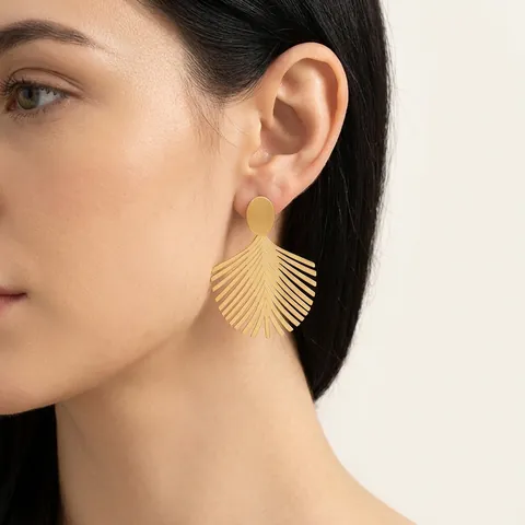 Mode Waaier Palmblad Druppel Oorbellen Getextureerd Overdreven Hol Roestvrij Staal Verguld Sieraden Voor Dames