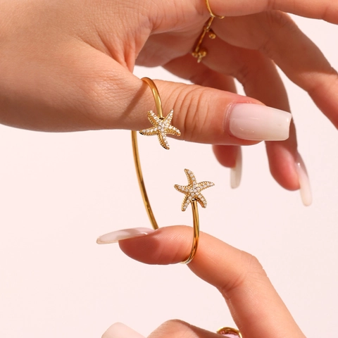 Bracciale Rigido Da Donna In Acciaio Inossidabile Con Zirconi Incrostati Forme Di Stella Marina Pesce Fiore Ventaglio Regolabile