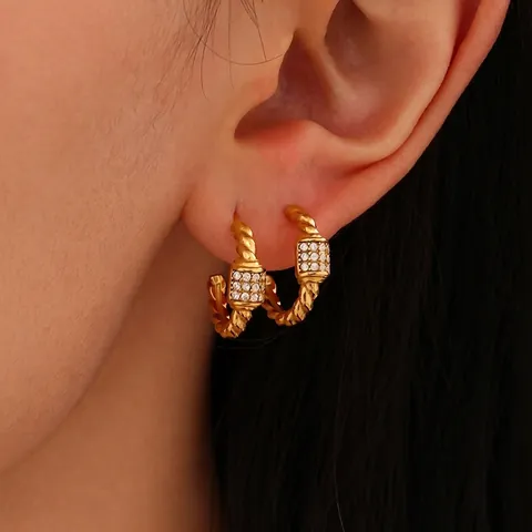 Boucles D'Oreilles Créoles Torsadées En C Acier Inoxydable Avec Zircon Bijoux Rétro De Luxe Pour Femmes Cadeau Chic
