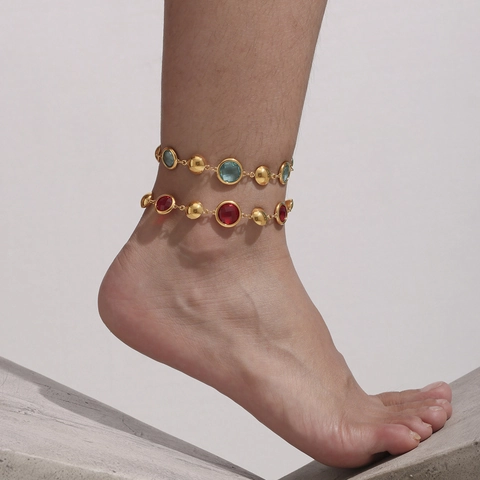 Stainless Steel Anklets For Women Gold Plated Colorful Czech Glass Opal Geometric Heart Marquise Link Adjustable Foot Jewelry Gift