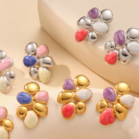 Stainless Steel Stud Earrings With Colorful Enamel Oil Drip Flower Cluster Bohemian Vacation Style For Women Beach Exaggerated