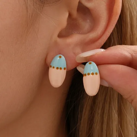 Pendientes Botón Acero Inoxidable Esmalte Colorido Forma Ovalada Lunares Color Contraste Estilo Dopamina Para Mujeres