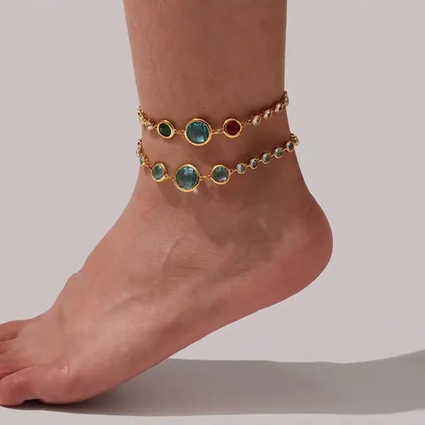 Geometric Stainless Steel Anklet Colorful Czech Glass Stone Adjustable Summer Beach Jewelry For Women
