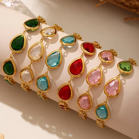 Geometric Stainless Steel Anklet Colorful Czech Glass Stone Adjustable Summer Beach Jewelry For Women
