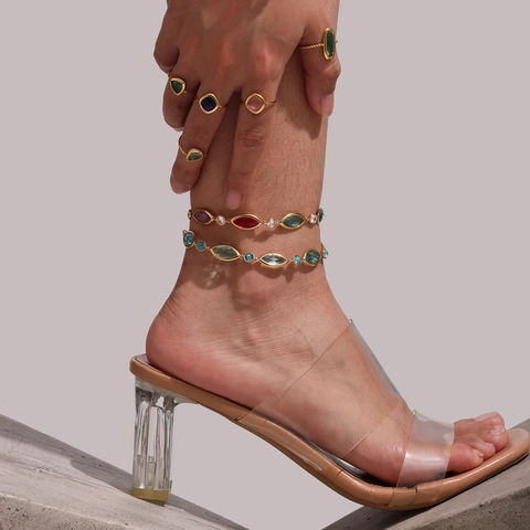 18K Gold Plated Stainless Steel Czech Glass Anklet With Zircon Colorful Faceted Stone Geometric Foot Chain Jewelry For Women