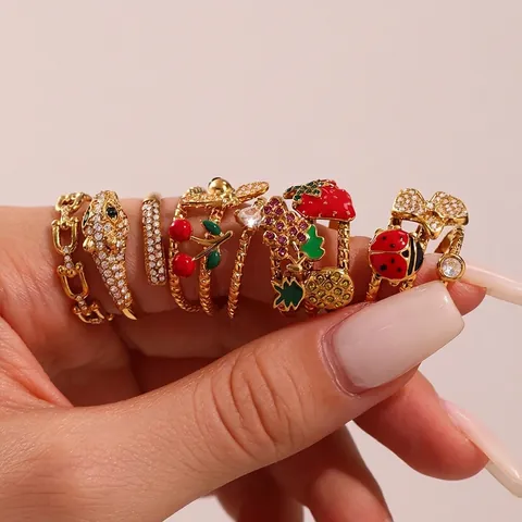 Anello Regolabile In Acciaio Inossidabile Multistrato Zircone Coccinella Fragola Farfalla Frutta Animale Gioielli Donna